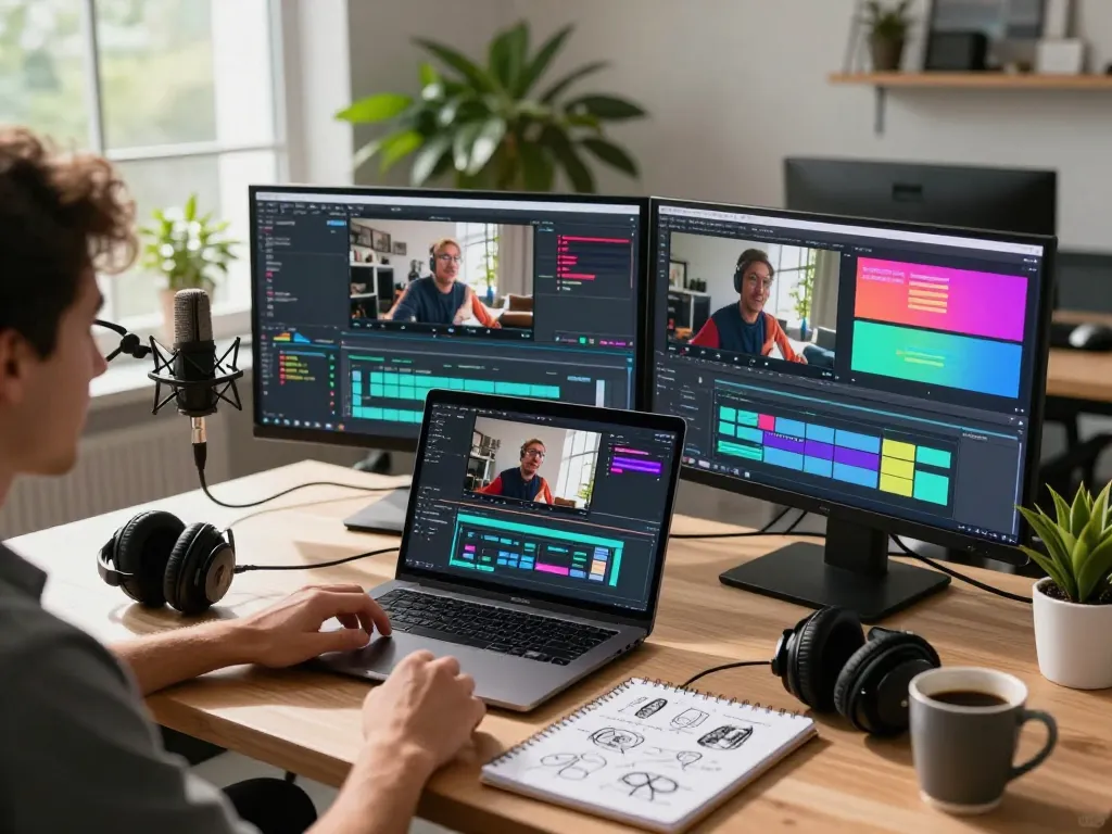 Content creator using video to prompt ai in a vibrant workspace with dual screens showing video editing software.