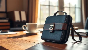 Präsentation einer abschließbaren Handytasche mit eleganten Designelementen auf einem Tisch.