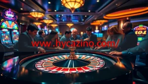 Experience the thrill of gambling at https://whycazino.com/ with a vibrant roulette scene and players betting.