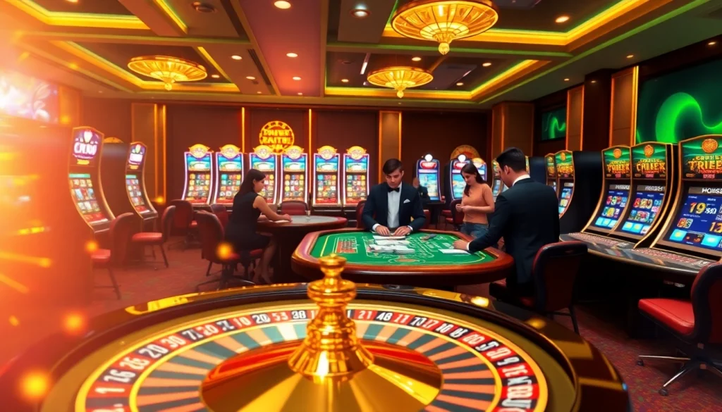 Experience the excitement of RR99 with vibrant casino tables and a spinning roulette wheel.