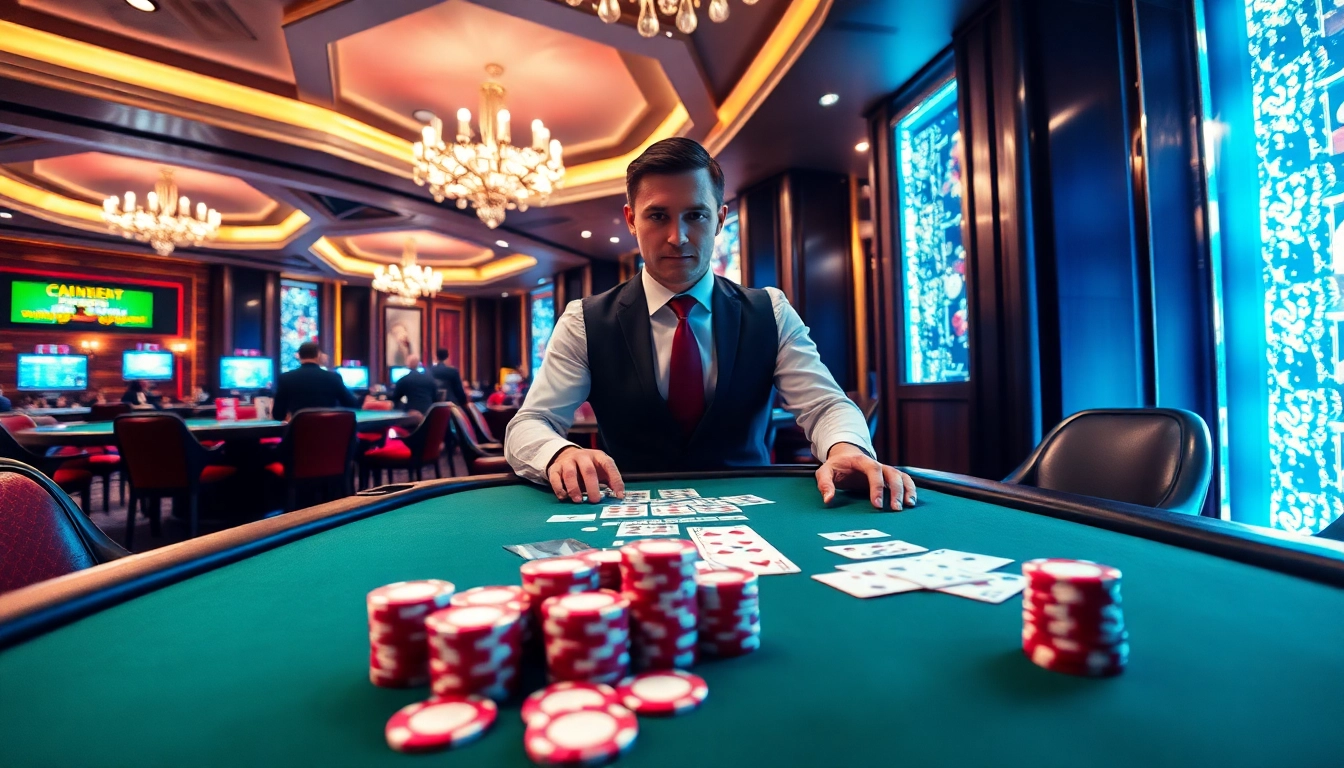 Bermain poker di kasino interwin official dengan dealer berdiri di belakang meja.