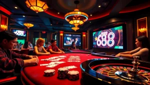 Exciting moments of gambling at RR88's luxurious casino with vibrant poker chips and cards.