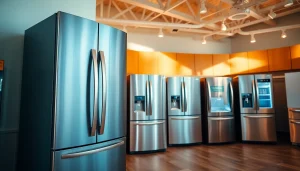 Showcase of refrigerator sales with diverse models in a welcoming showroom atmosphere.