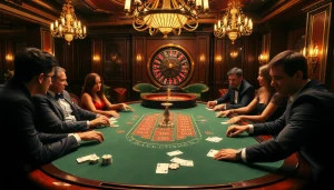 Jeu de poker captivant illustrant une atmosphère de meilleur casino en ligne avec des joueurs élégants et un design luxueux.