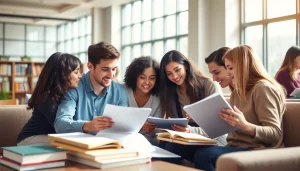 Students engaging in exam assistance services surrounded by study materials and teamwork.