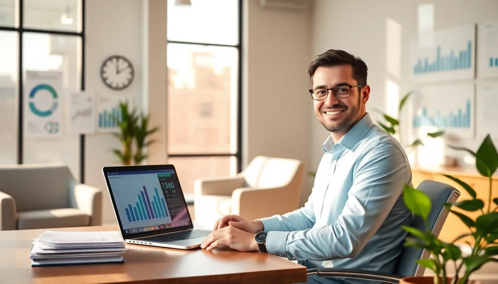 Scena biura rachunkowego, pokazująca profesjonalnego księgowego w nowoczesnym biurze, podkreślająca zaufanie i ekspertyzę w usługach finansowych.