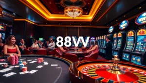 Players enjoying an exciting poker game at 88VV casino with vibrant chips and cards.