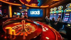 LUCK8 highlights players engaging with poker chips and a roulette wheel in a vibrant casino setting.