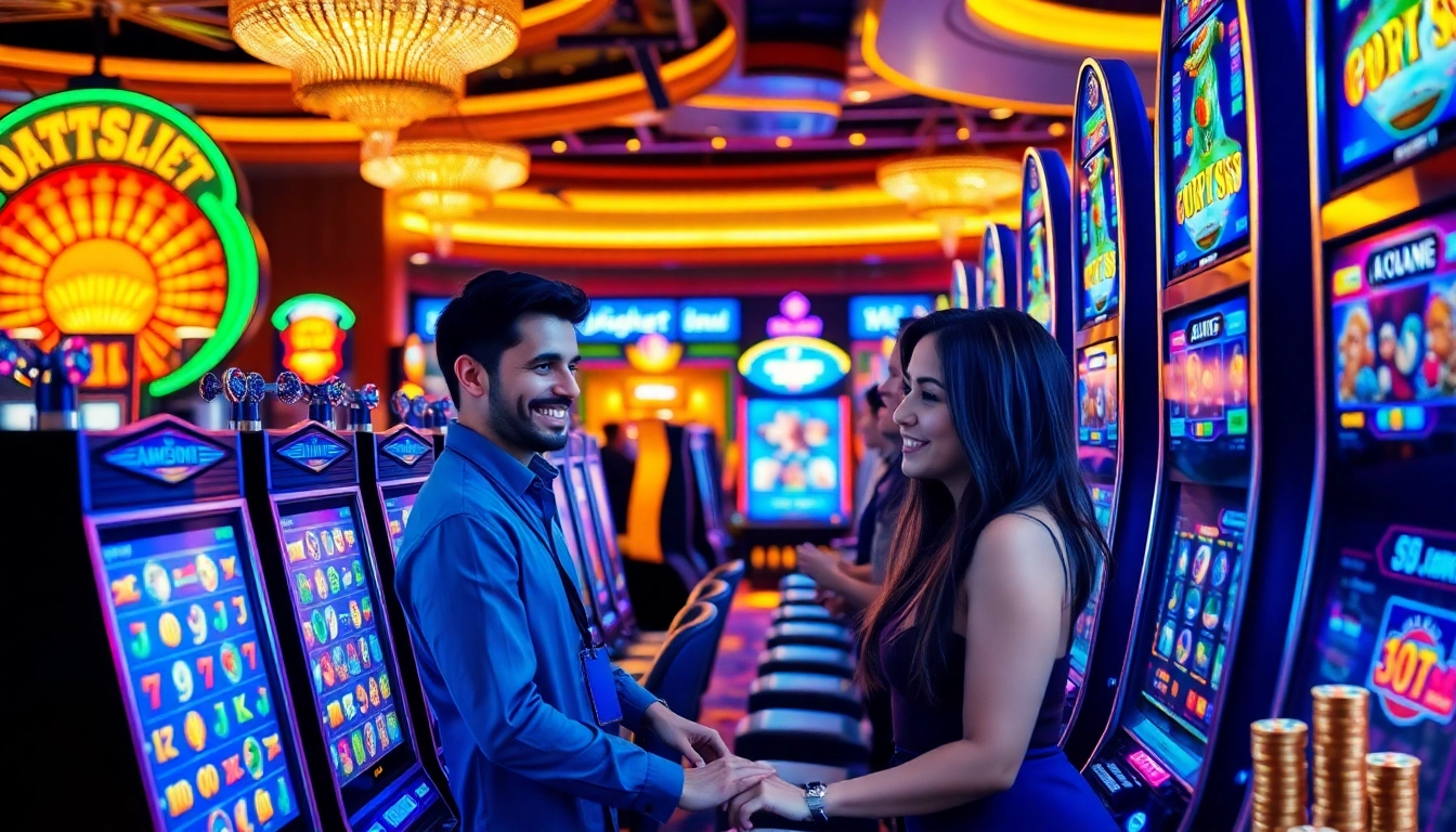 Experience jamuslot excitement with players enjoying dynamic slot machines and vibrant casino elements.