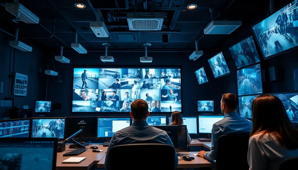 Vista dinámica de una sala de control profesional para una empresa de seguridad, que muestra sistemas de vigilancia y monitoreo de alta tecnología.