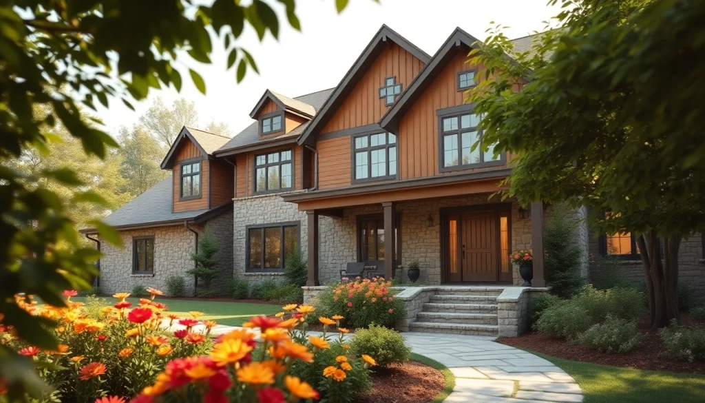 Canton Farmhouse with elegant features surrounded by a lush garden in natural lighting.