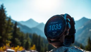 Showcase the Explorer Plus GPS Smart Watch in a vibrant outdoor setting highlighting its features.