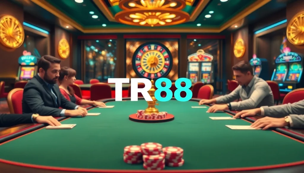 Experience thrilling gaming at TR88 with a vibrant casino scene featuring poker and roulette.