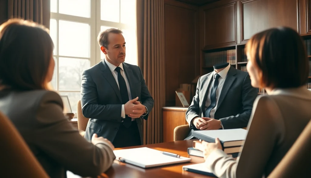 Rechtsberatung zur Arbeitsgericht Köln in einem eleganten Büro mit Anwalt und Klienten.
