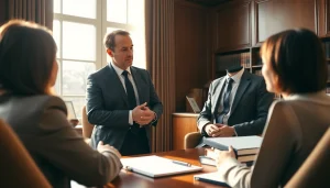 Rechtsberatung zur Arbeitsgericht Köln in einem eleganten Büro mit Anwalt und Klienten.