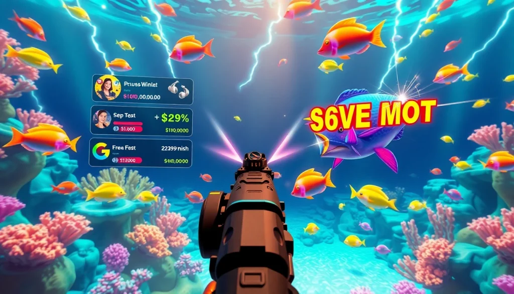 Bắn cá đổi thưởng game scene, showcasing vibrant 3D fish and digital winnings in a luxury online casino environment.