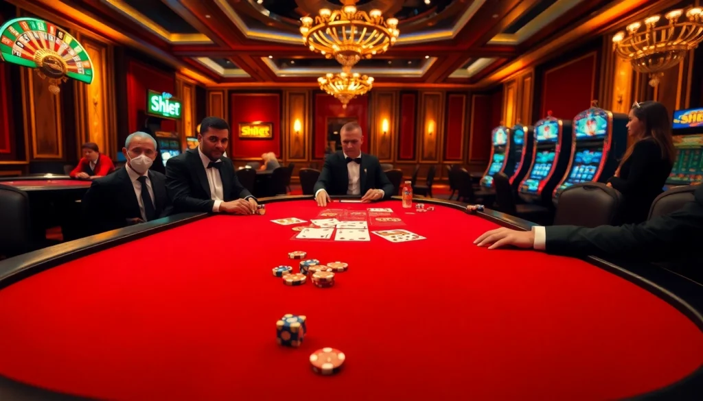 Shbet casino scene showcasing high-stakes poker action with elegant players and exclusive atmosphere.