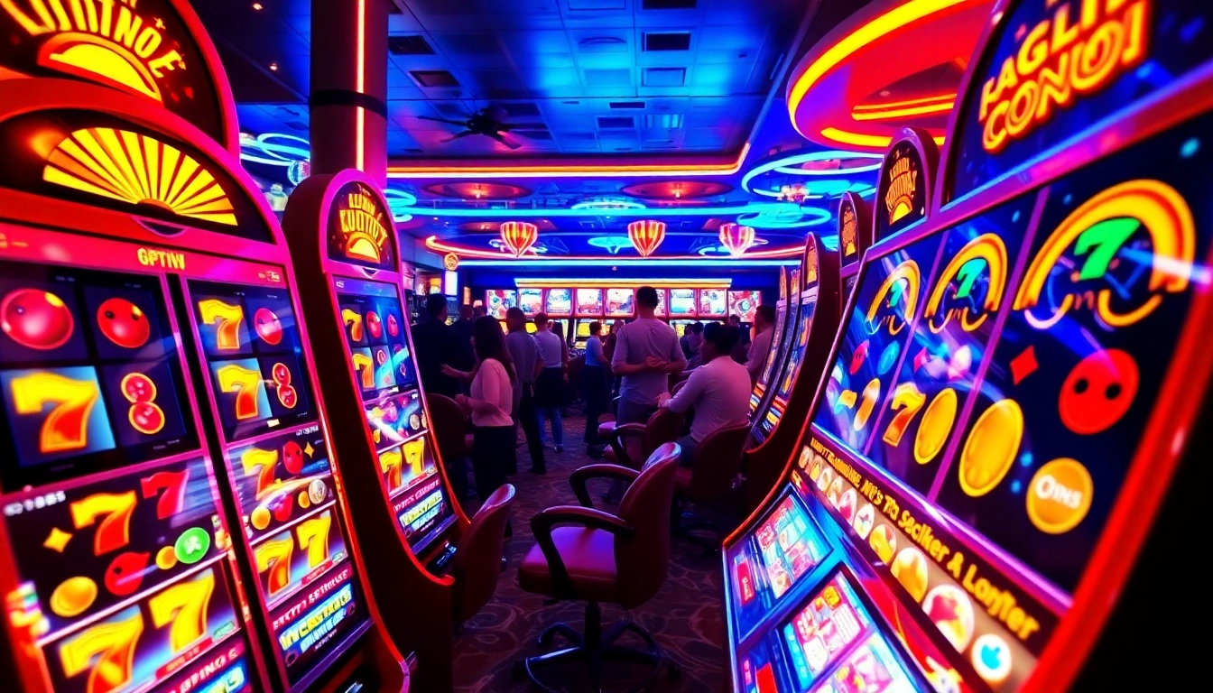 Menangkan slot777 dengan mesin slot berwarna-warni yang bersinar di kasino.