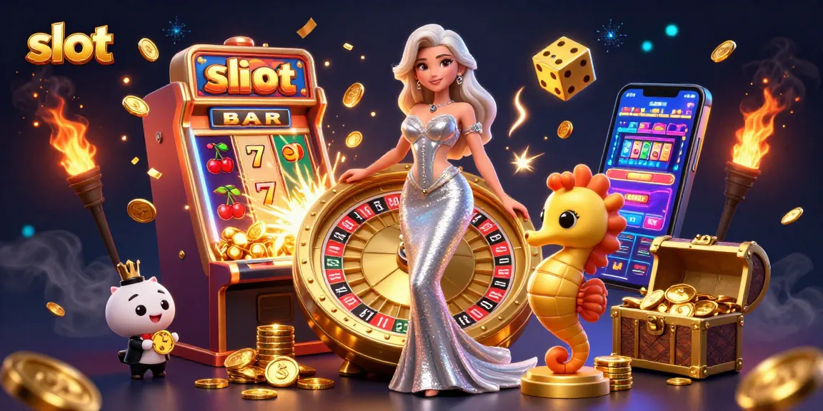 Experience the excitement of slot machines with a dazzling mermaid character and golden roulette wheel.