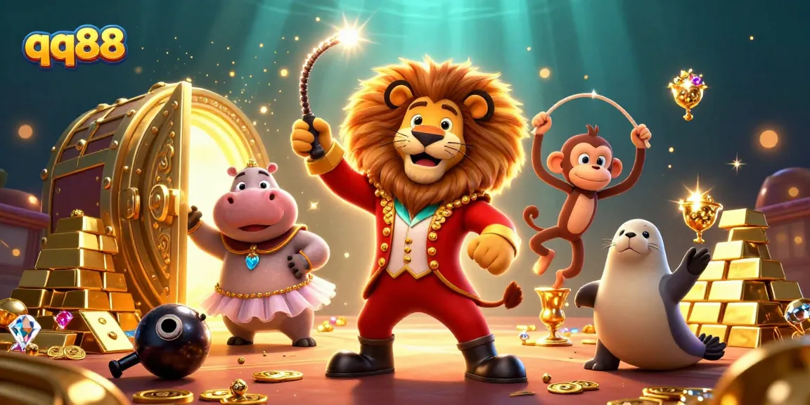 Engage with qq88's high-stakes fun featuring whimsical casino characters and treasures.