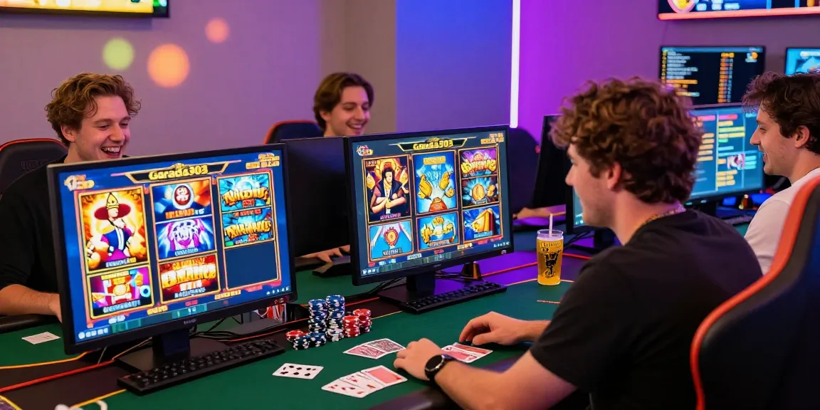 Playing garuda303 slot in a vibrant online gaming setup with poker chips and snacks.