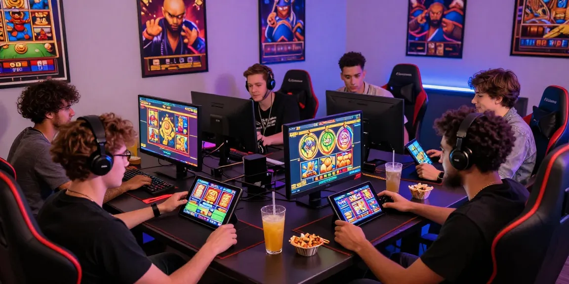 Exciting gaming scene featuring friends enjoying garuda303 slot games on tablets and smartphones in a vibrant atmosphere.