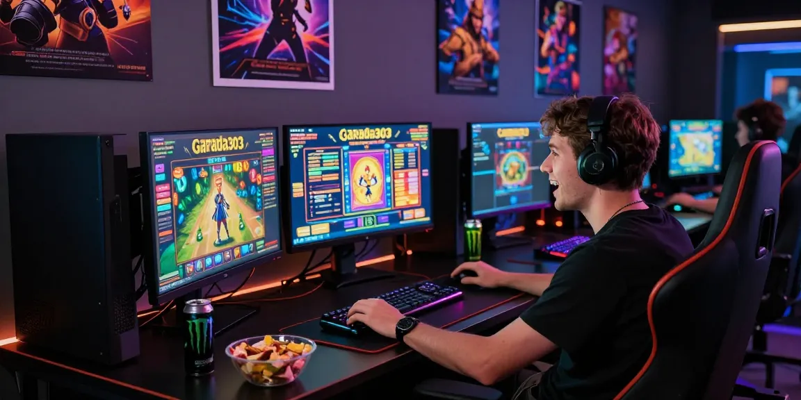 Engaged player enjoying the garuda303 slot game on a high-tech gaming setup, vibrant screens and snacks creating an immersive atmosphere.