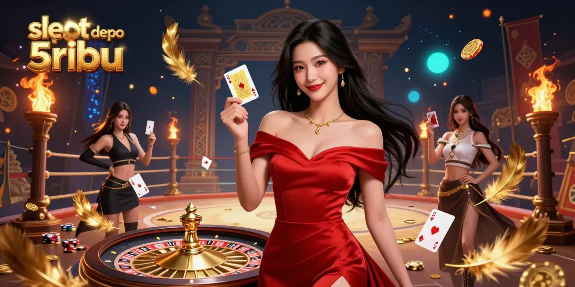Engage in thrilling gameplay at slot depo 5ribu, featuring a stunning illustration of a confident dealer and vibrant casino elements.