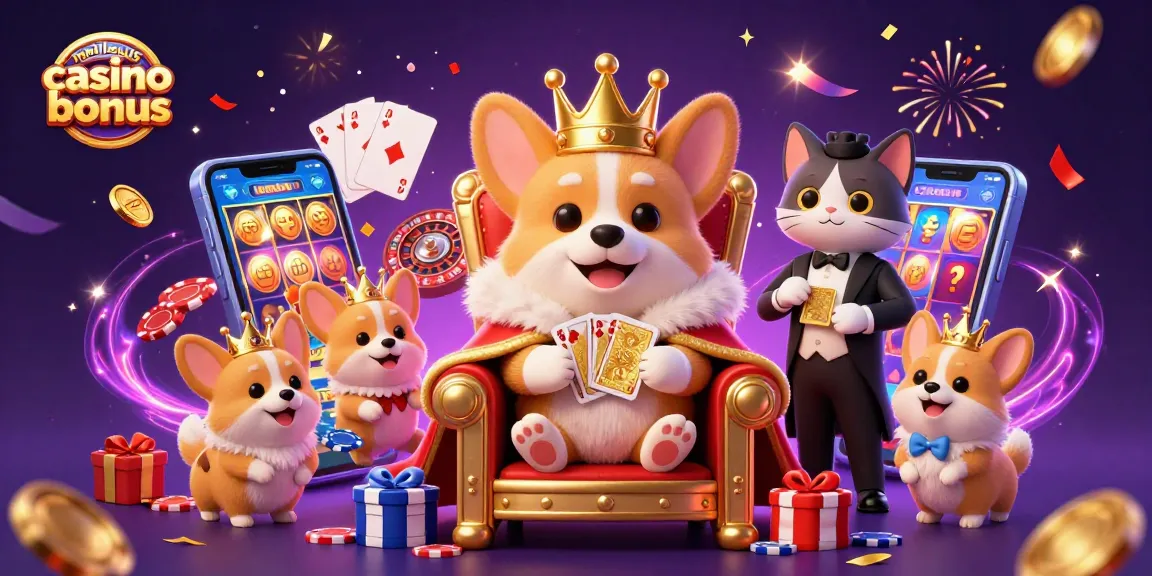 Gagnez avec les meilleurs casino bonus : illustration animée de corgi royal sur trône de jetons