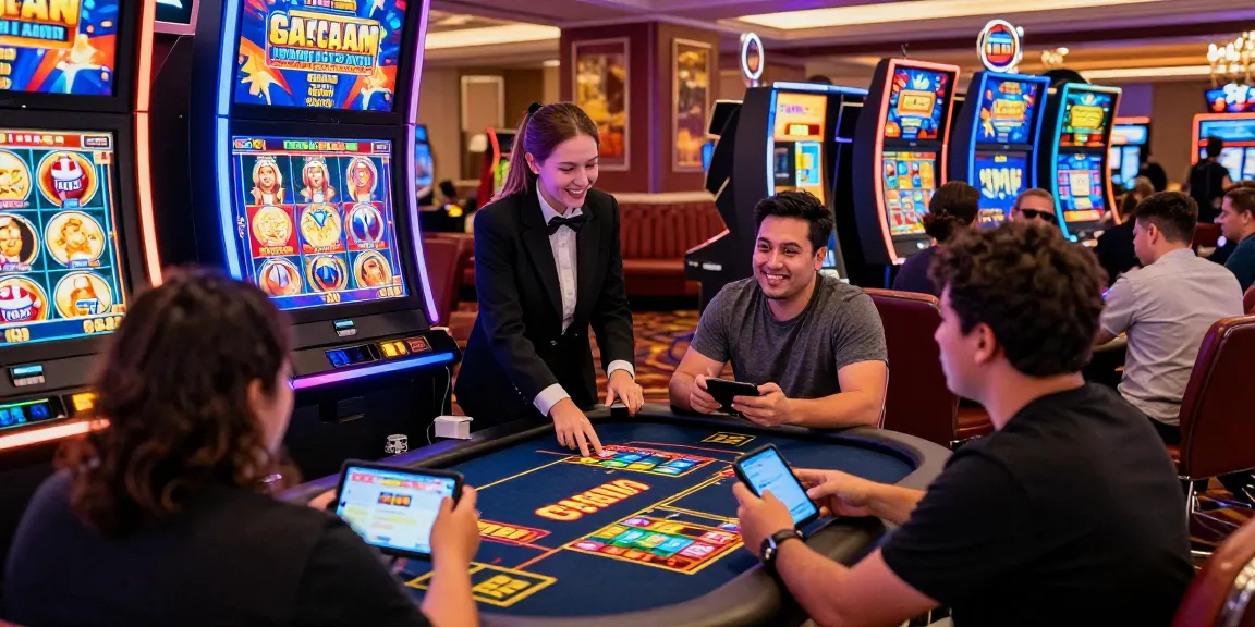 Players enjoying the excitement of slot gacor games in a lively online casino setting, showcasing vibrant screens and engaging interactions.
