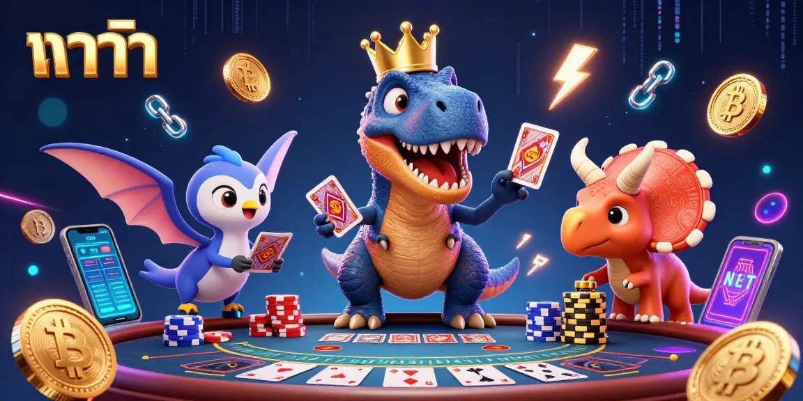 Engage in the vibrant baccarat game featuring a friendly T-Rex and colorful casino elements.