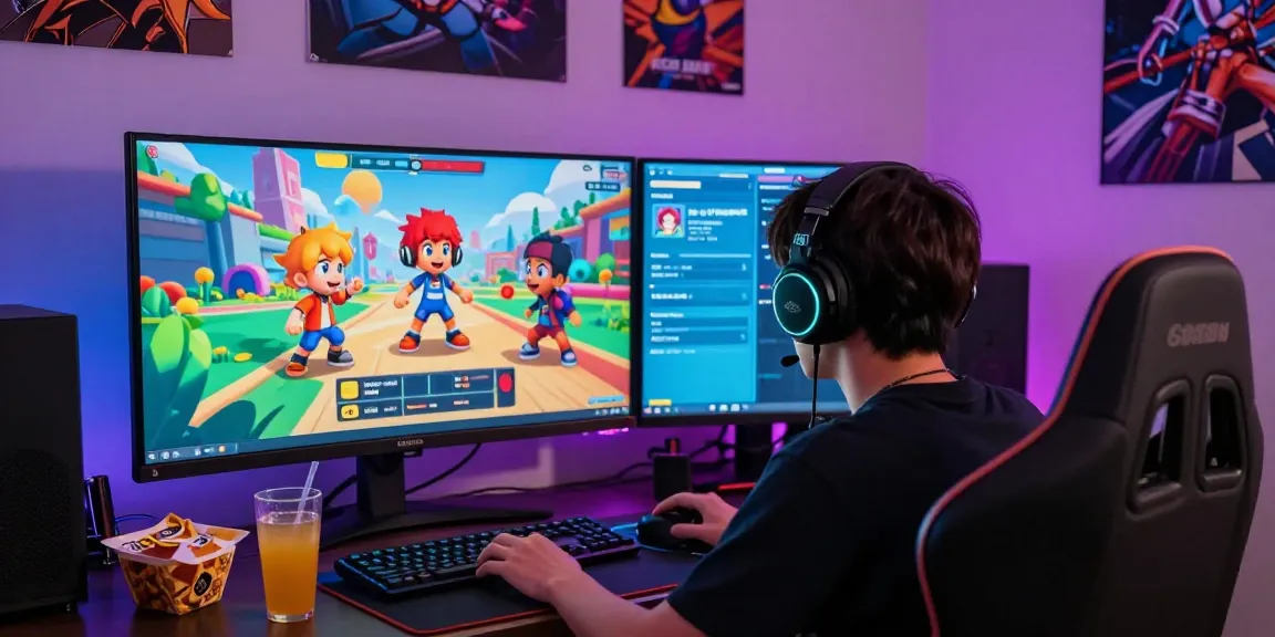Engaging player enjoying hentaigames in a colorful gaming environment with snacks.