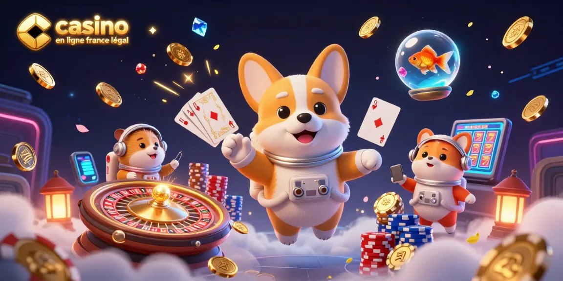 Illustration dynamique d'un casino en ligne légal en France, avec un corgi astronaute flottant et des pièces d'or