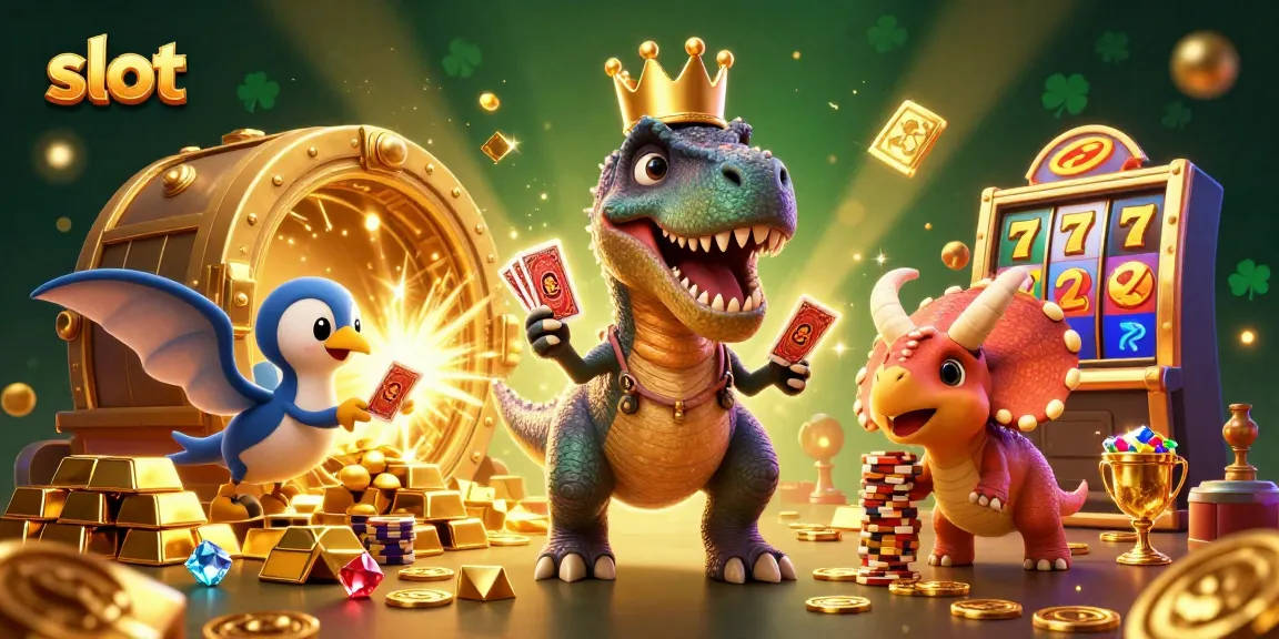 Engaging slot game illustration featuring a dinosaur-themed casino scene with vibrant slot reels.