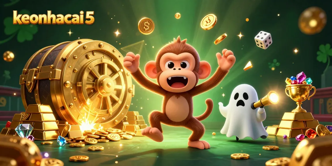 Track golden gambling treasures with keonhacai 5's playful poltergeist monkey and curious ghost-hunter puppy.
