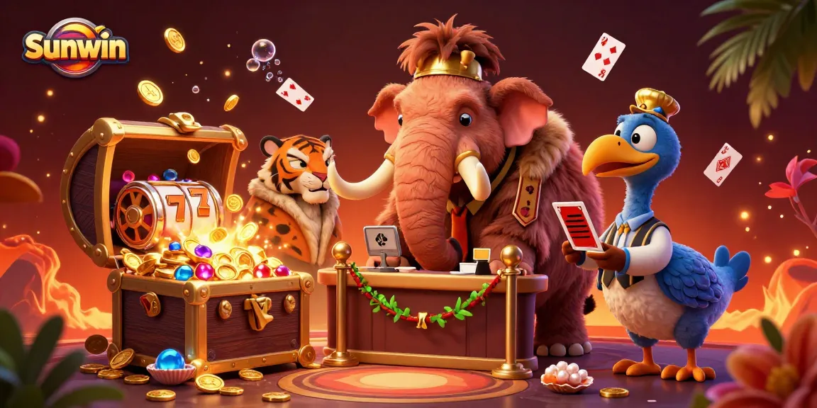 Engage with Sunwin's vibrant casino scene featuring a woolly mammoth bouncer and thrilling slot reels.