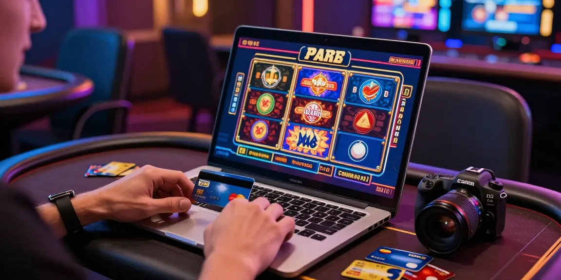 Engaging player at a laptop exploring casinos that accept credit cards with vibrant game graphics.