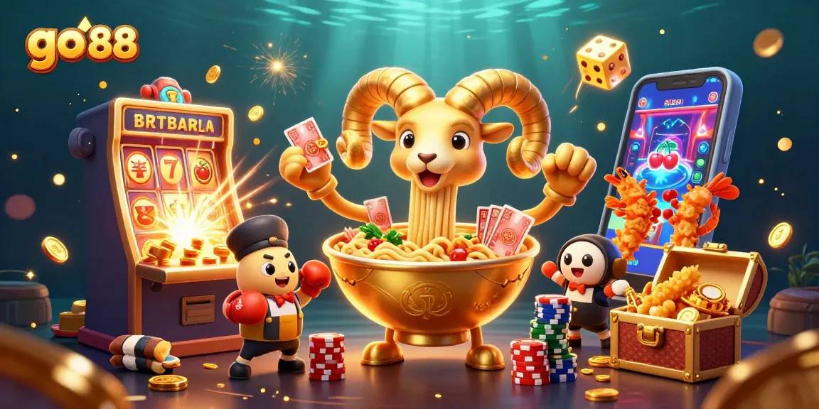 Experience excitement with go 88 as a giant golden ramen bowl dealer hands out chips and cards.