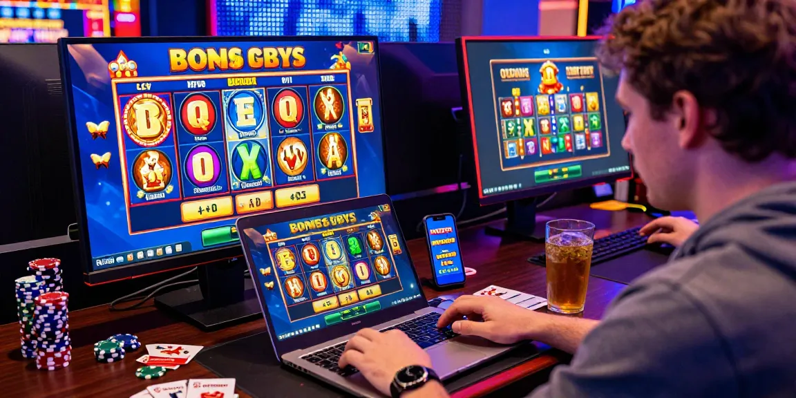 Engaging gaming scene showcasing bonus buy slots UK with a player immersed in gameplay, colorful graphics, and a dynamic setup.