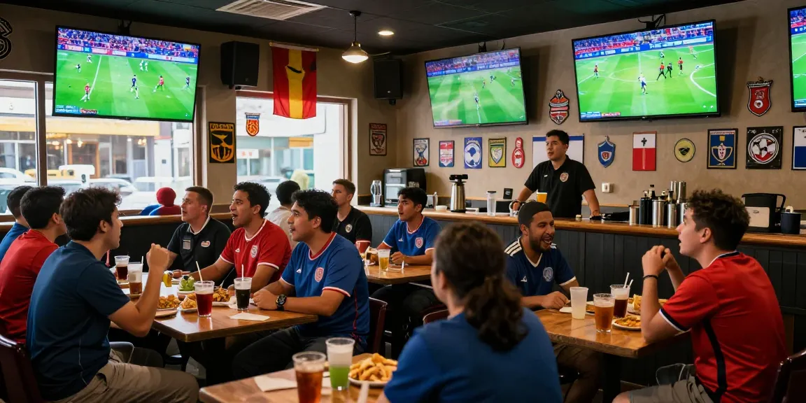 Fans enjoying koora live matches in a vibrant sports bar atmosphere with jerseys and drinks.