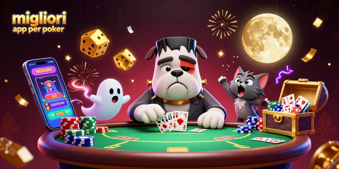 Migliori app per poker: un bulldog mostruoso distribuisce carte in un tavolo di poker