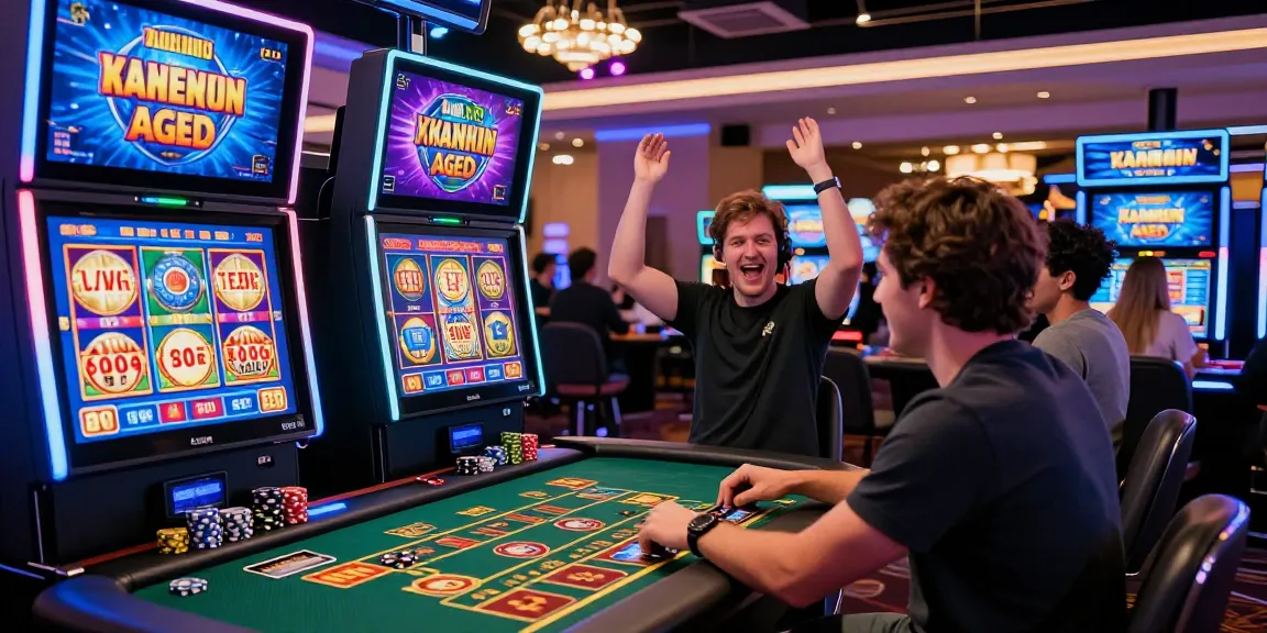 Exciting gaming experience at credit card casinos with players celebrating wins and engaging with vibrant slot games.