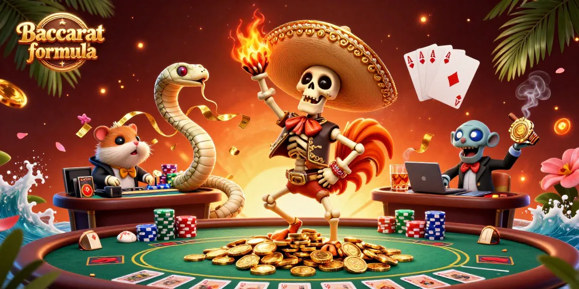 Experience the Baccarat formula with vibrant characters dancing among casino elements for a thrilling atmosphere.