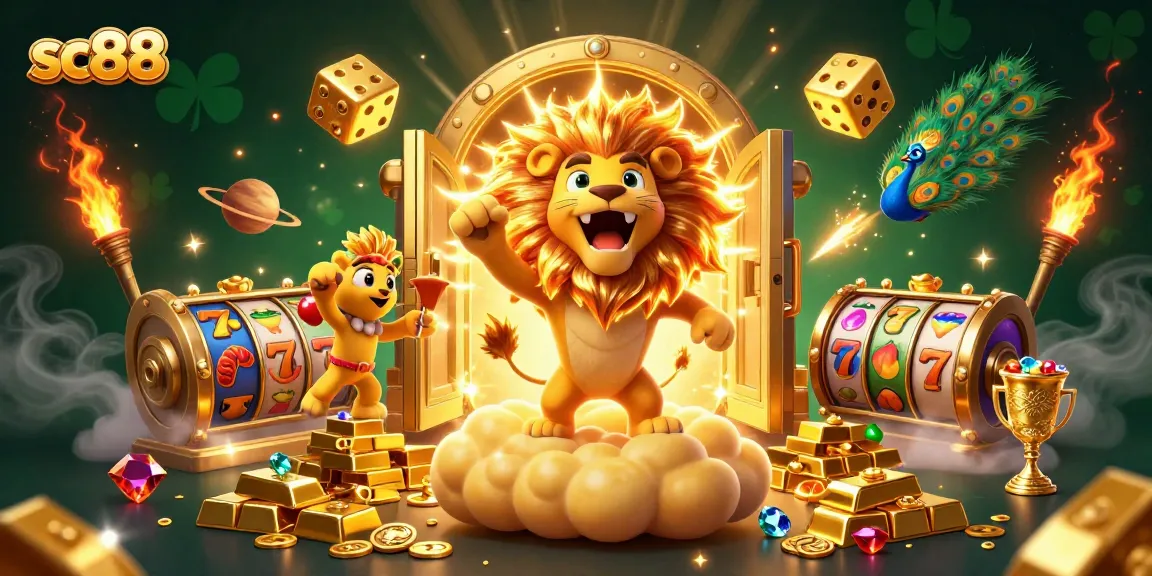 Engage with sc88 in a vibrant, illustrated casino featuring a roaring lion, golden dice, and thrilling slot elements.