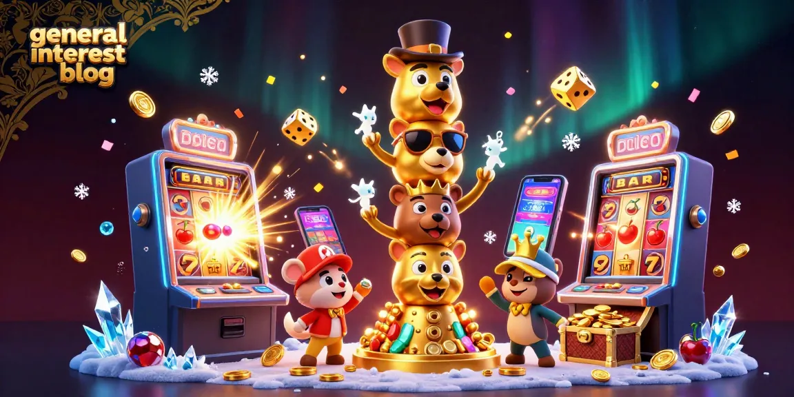 Engage with the vibrant scene of a general interest blog showcasing sprawling casino elements like slot machines, dice, and totems.