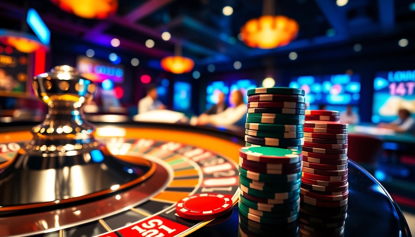 Situs toto dalam suasana kasino yang hidup dengan tumpukan chip poker dan kartu bermain.