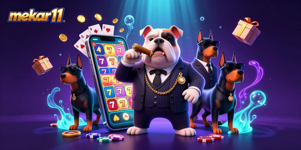 Mekar11 offers thrilling gambling scenes with a mafia bulldog boss, showcasing vibrant slot games and casino flair.
